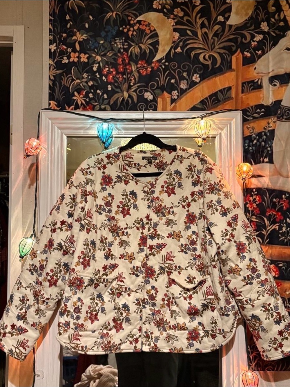 Skies Are Blue Cream Floral Button-Front Jacket with Red & Blue Accents